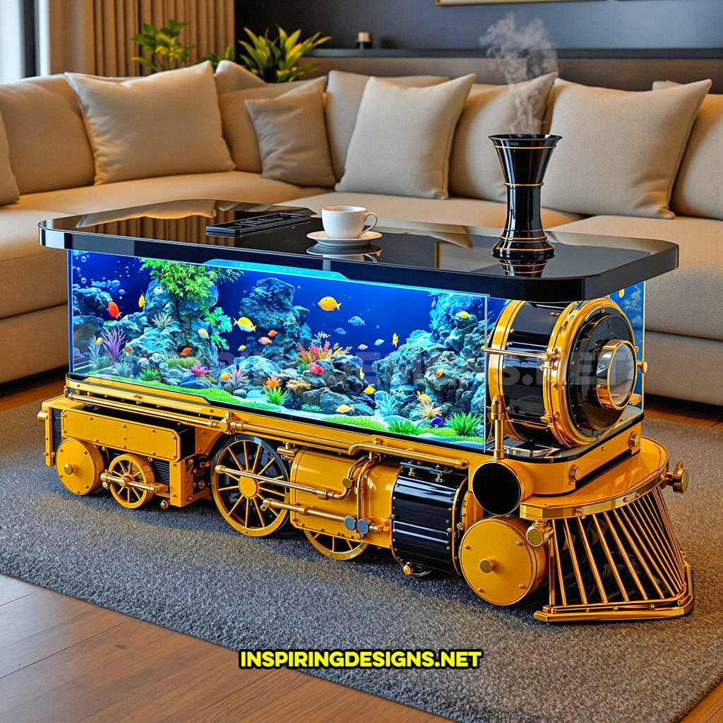 train aquarium coffee table in a yellow and black color palette