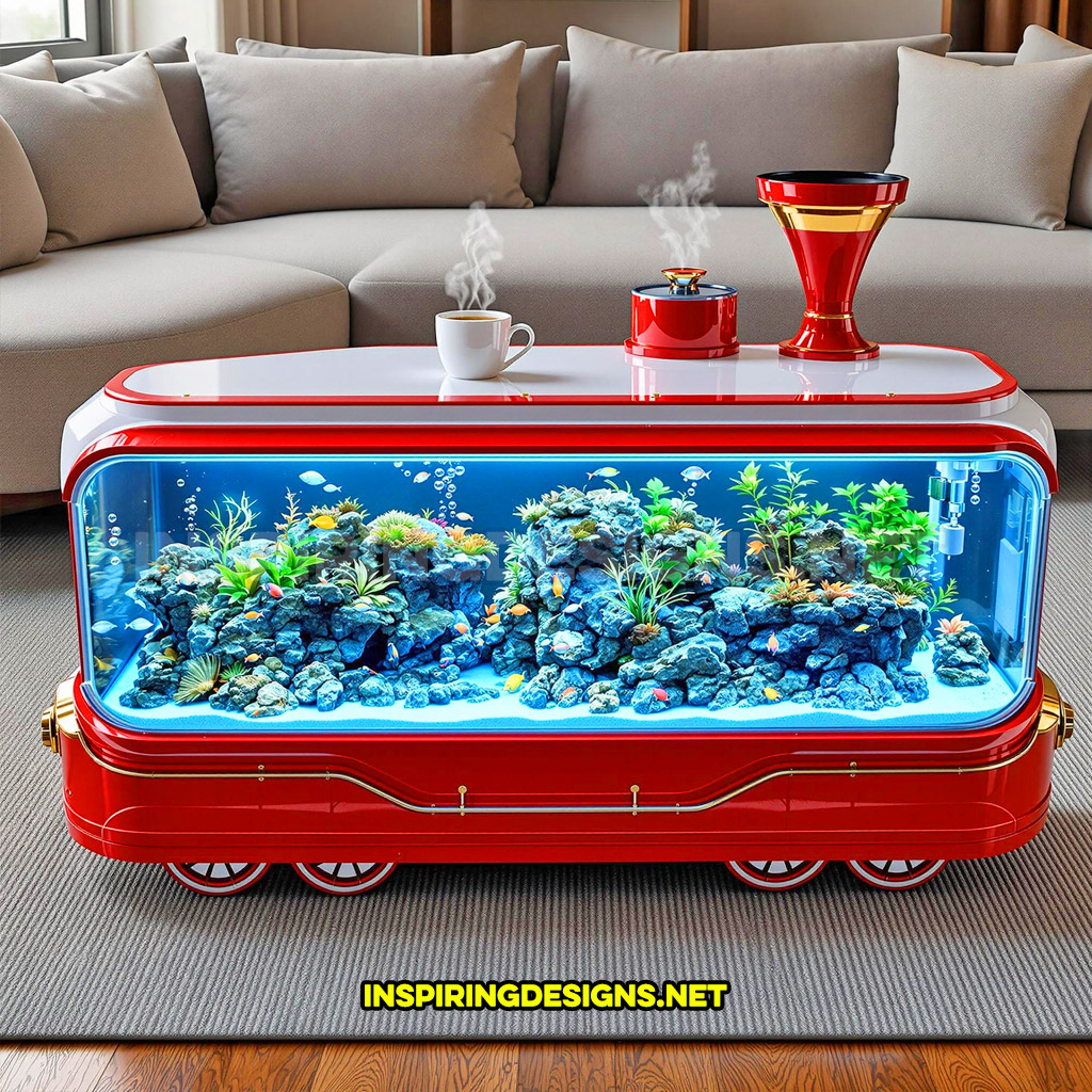 train aquarium coffee table in a red and white color palette