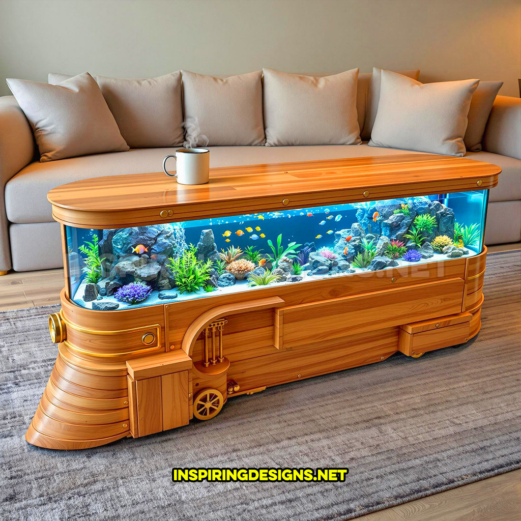 train aquarium coffee table in a wood design