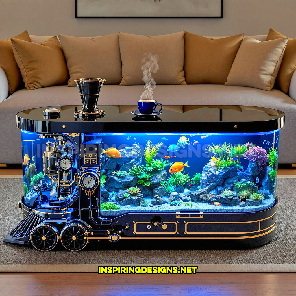 train aquarium coffee table in a dark blue and gold color palette