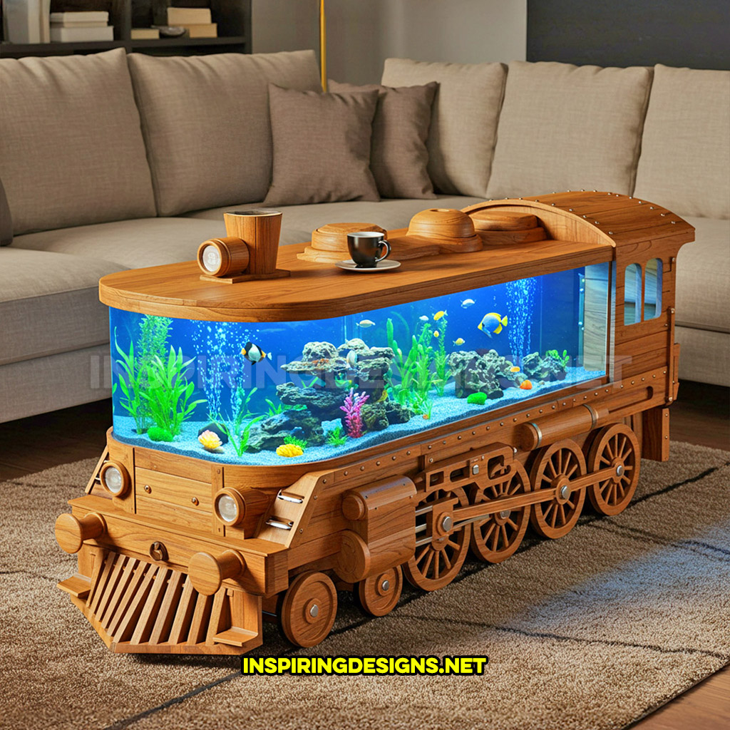 train aquarium coffee table in a wood design