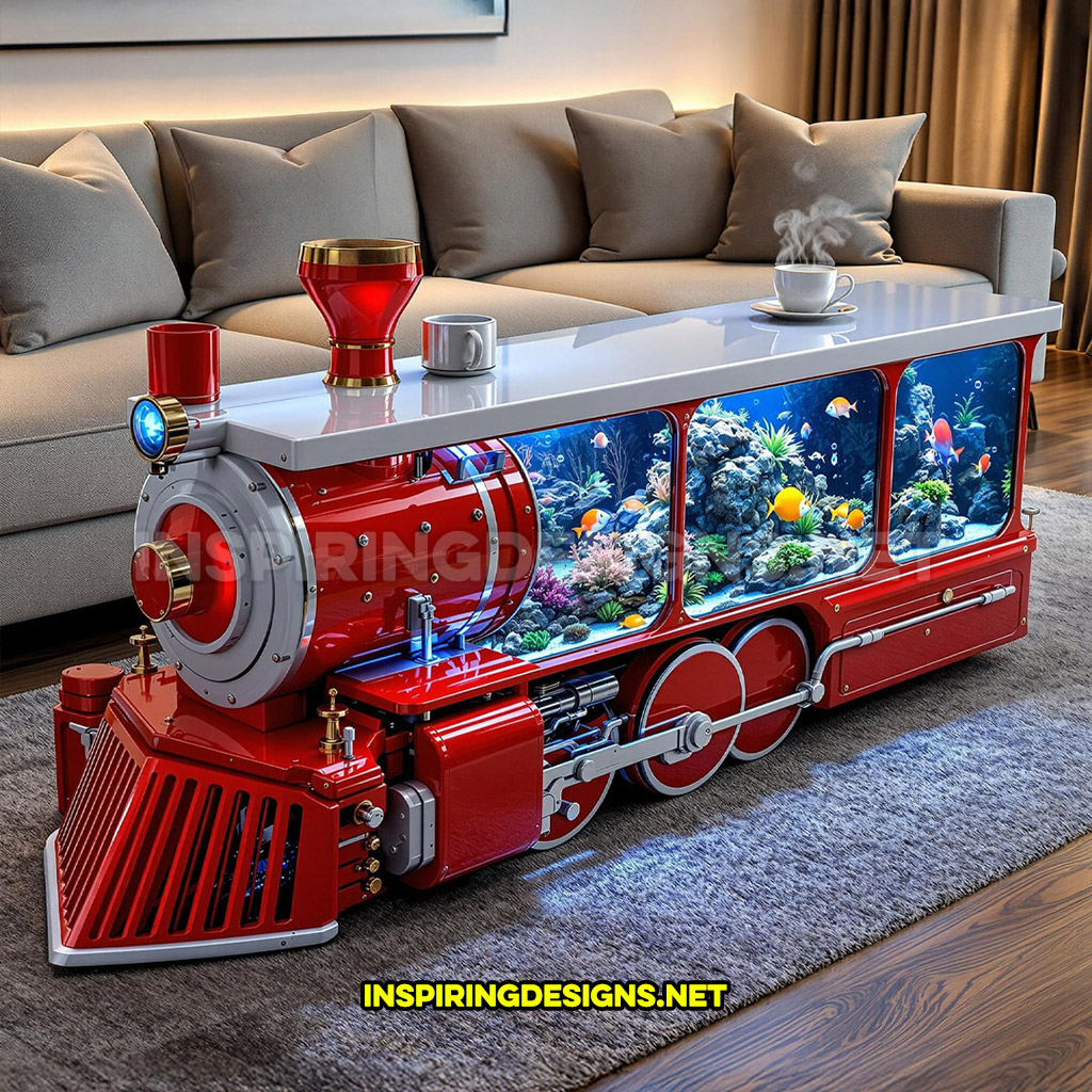 train aquarium coffee table in a red and white color palette