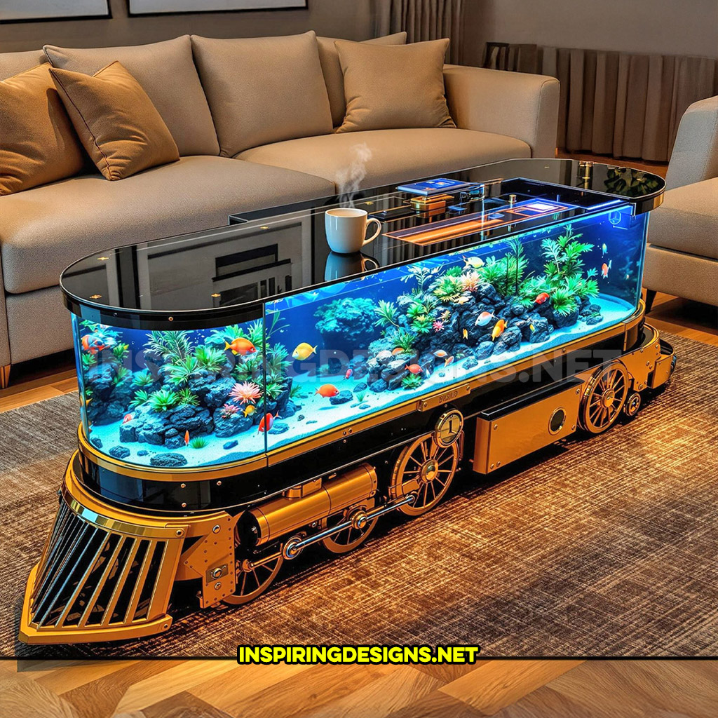 train aquarium coffee table in a yellow and black color palette