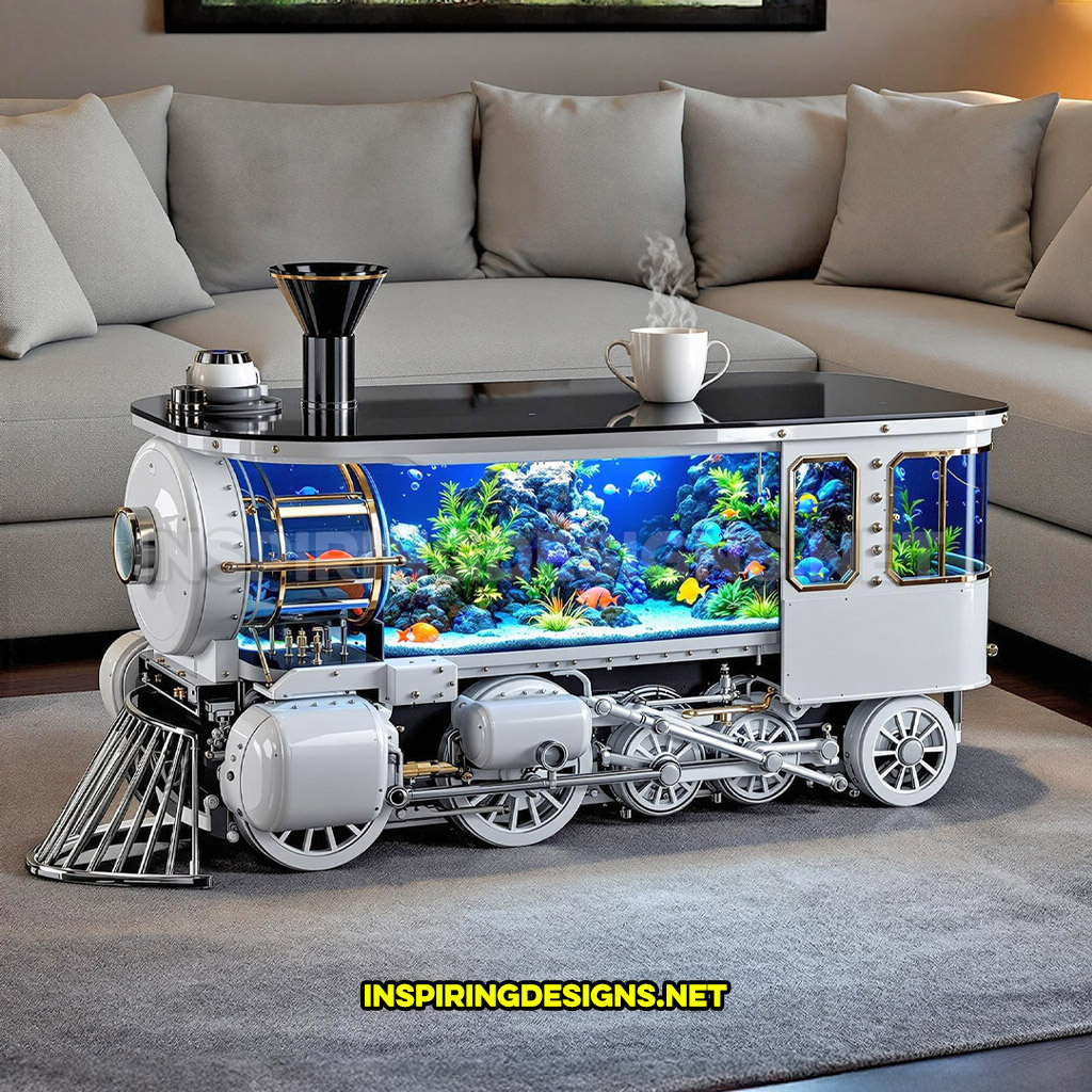 train aquarium coffee table in a white and black color palette