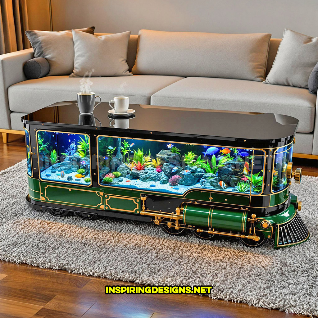 train aquarium coffee table in a green and black color palette