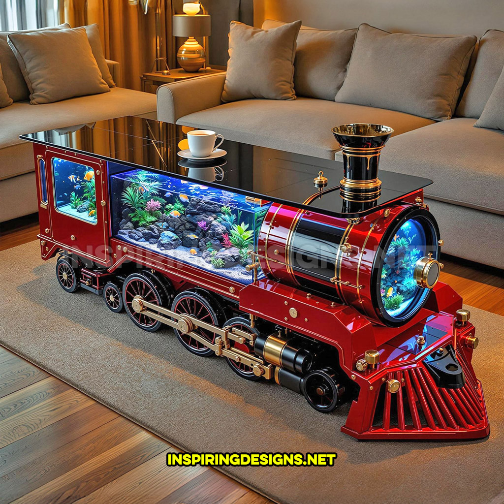 train aquarium coffee table in a red and black color palette