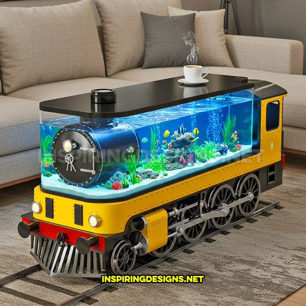 train aquarium coffee table in a yellow and black color palette