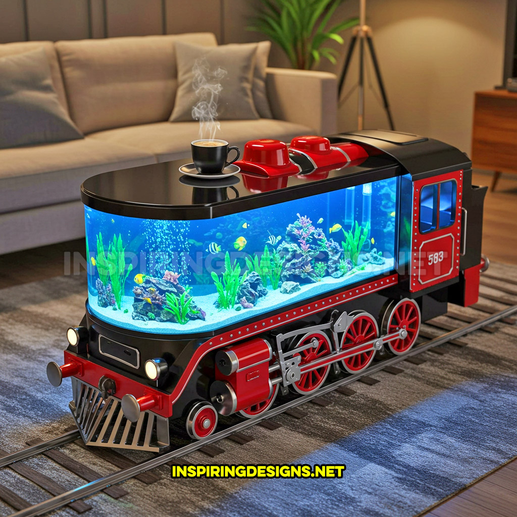 train aquarium coffee table in a red and black color palette