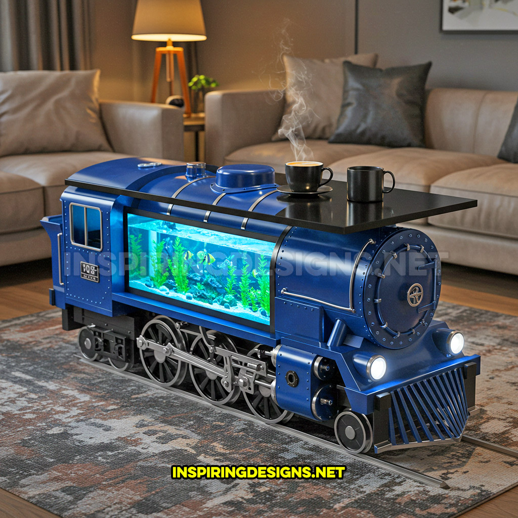 train aquarium coffee table in a blue and black color palette