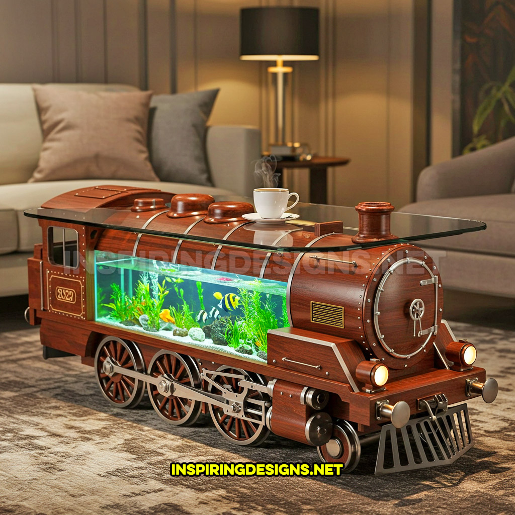 train aquarium coffee table in a brown and silver color palette