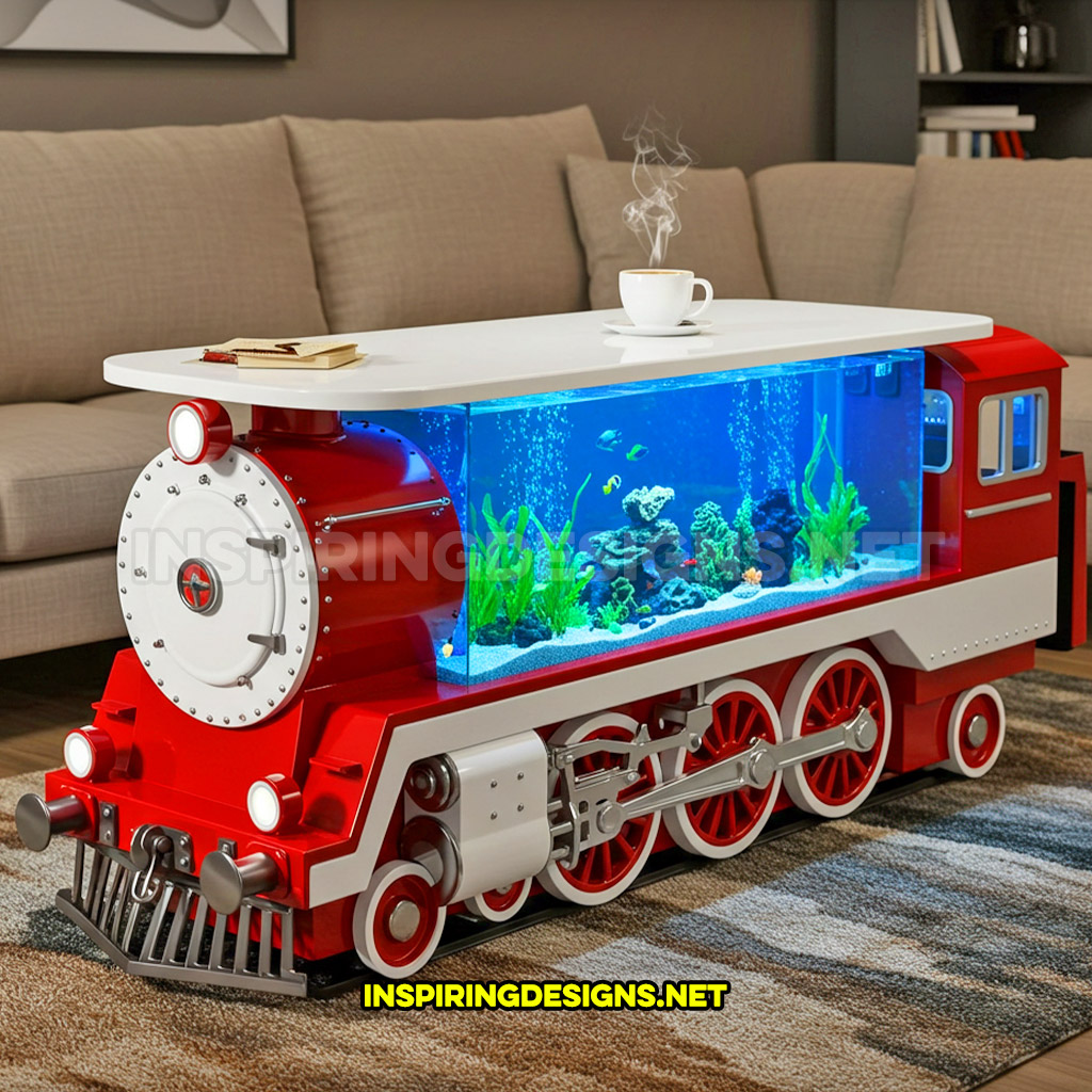 train aquarium coffee table in a red and white color palette