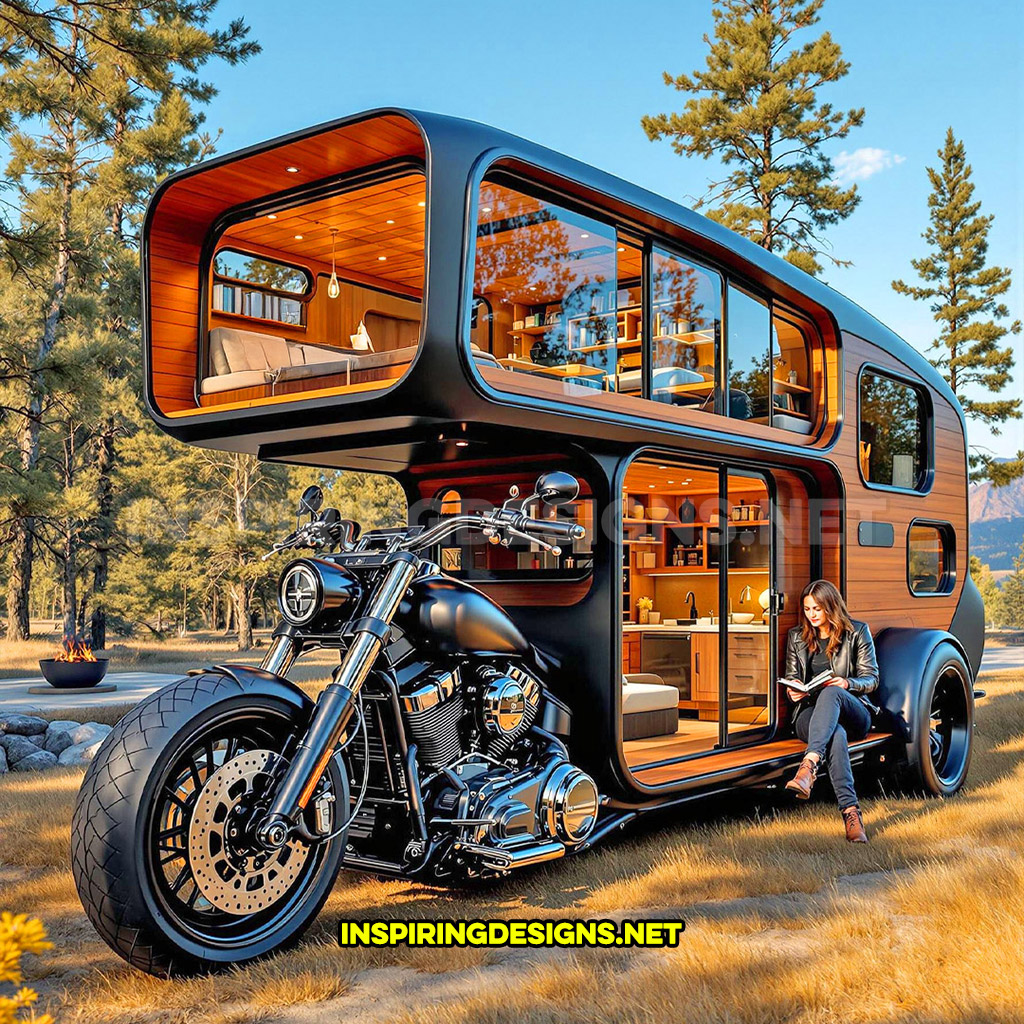 two-storey Harley camper in a black and wood color design