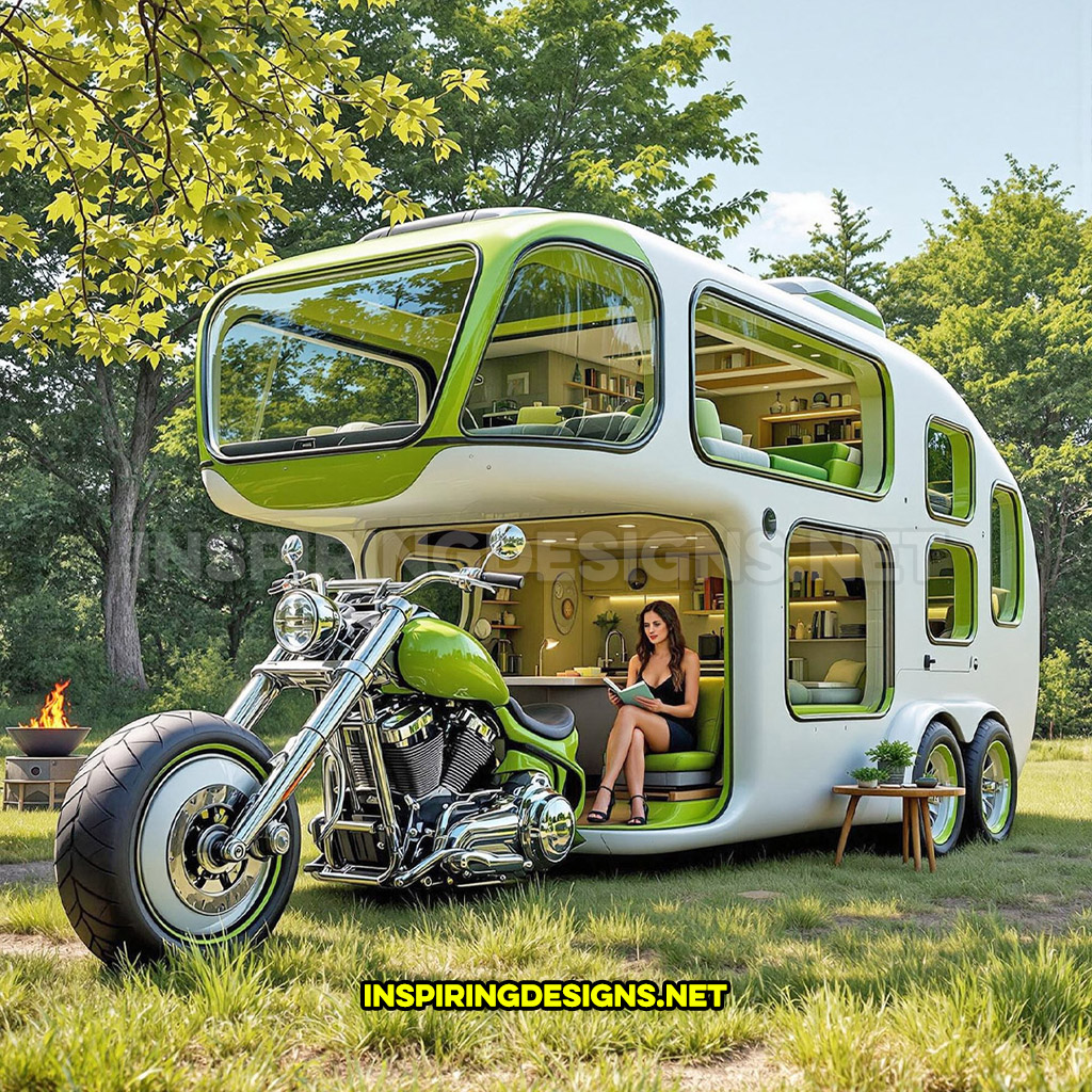 two-storey Harley camper in a white and green color design