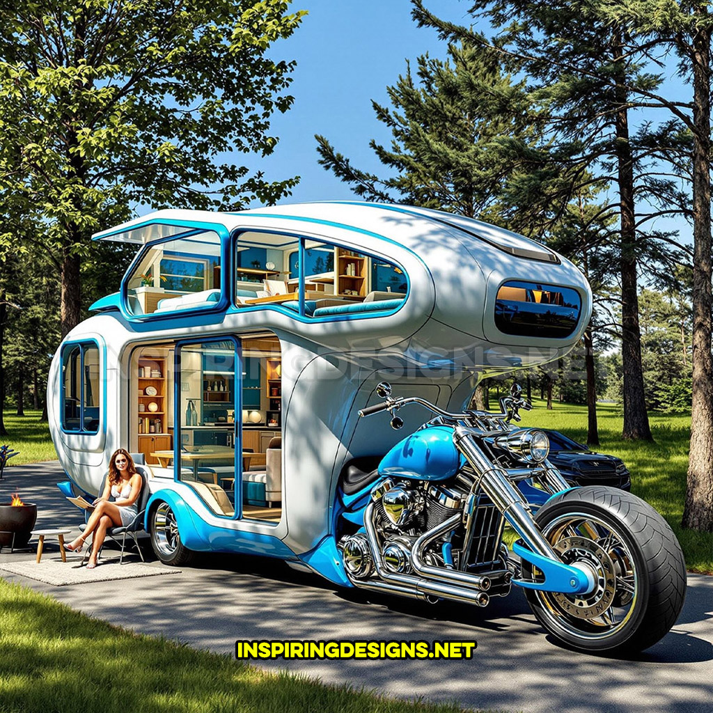 two-storey Harley camper in a white and blue color design