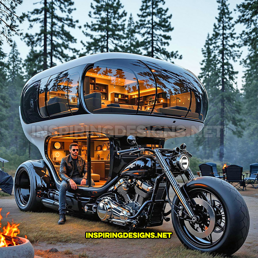 two-storey Harley camper in a white and black color design