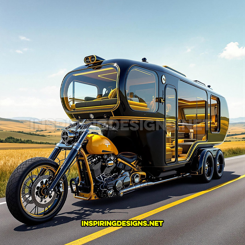 two-storey Harley camper in a yellow and black color design