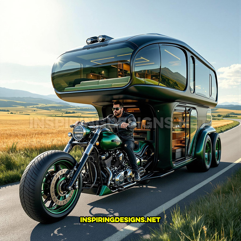 two-storey Harley camper in a dark green and black color design