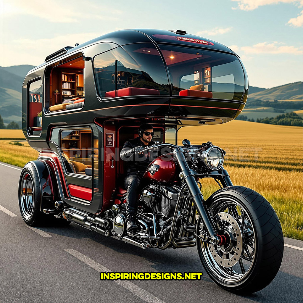 two-storey Harley camper in a black and red color design