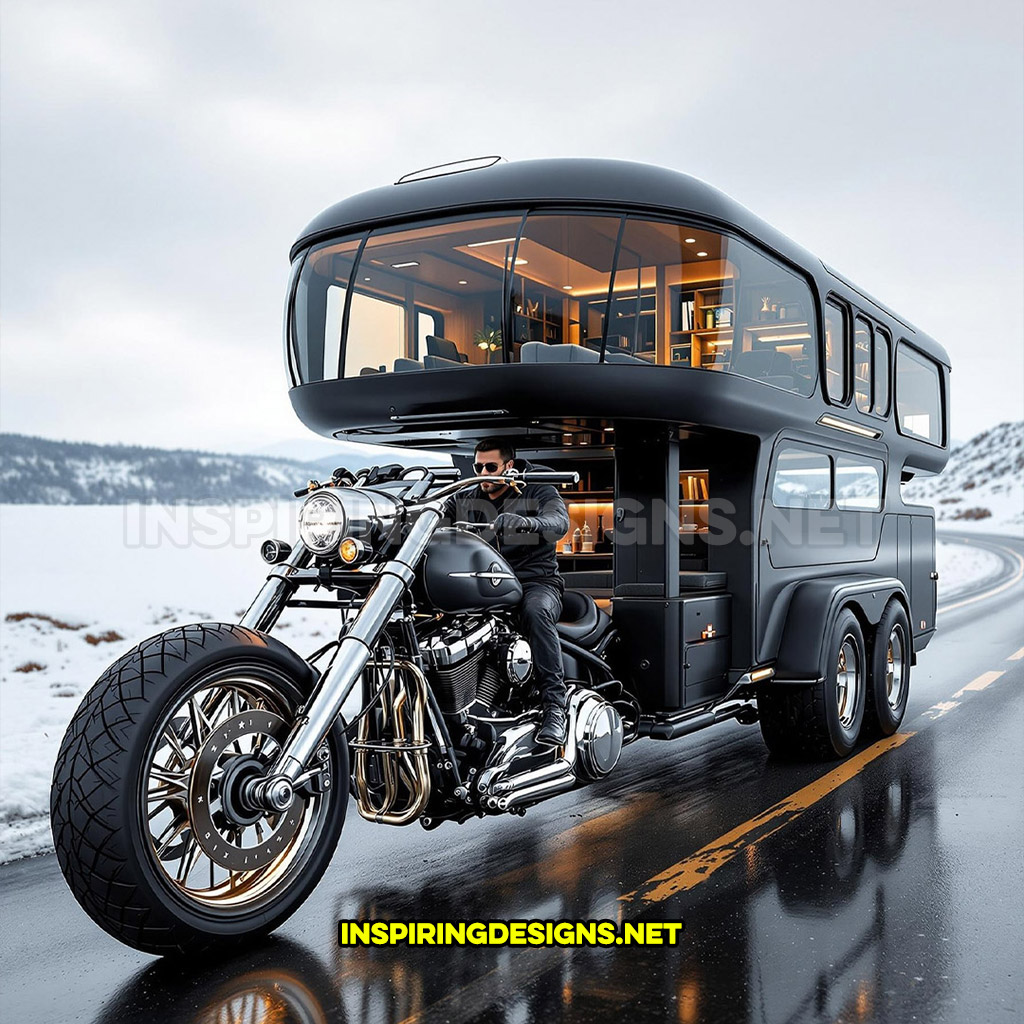 two-storey Harley camper in a black and chrome color design