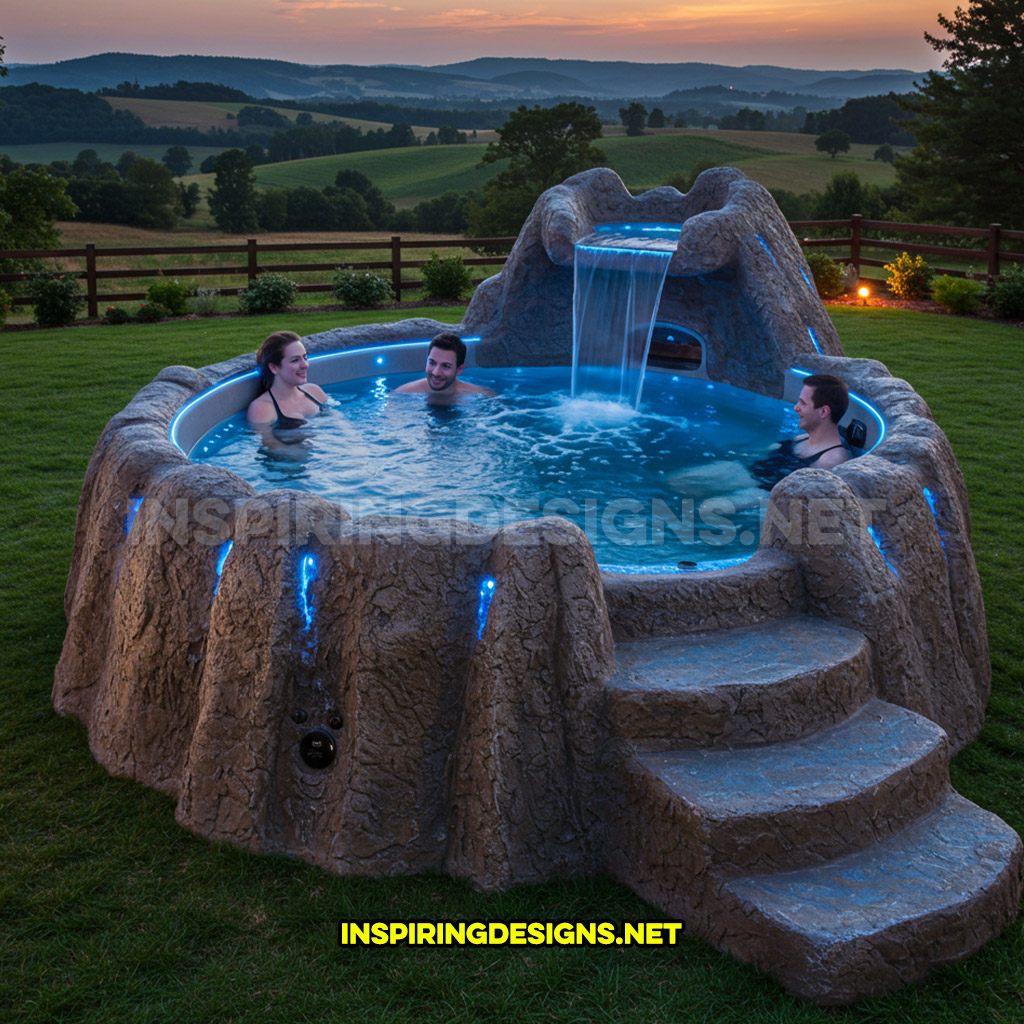 volcano-inspired hot tub in a light blue color