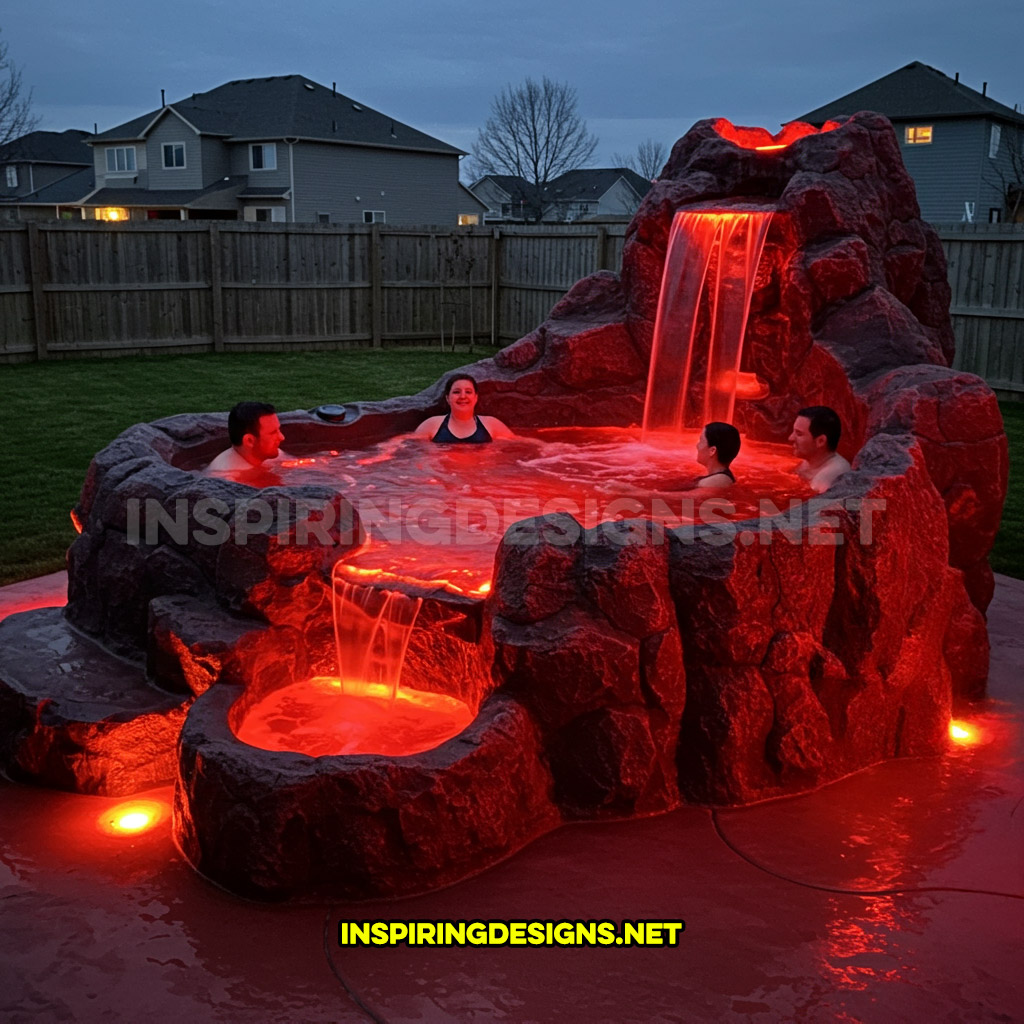 volcano-inspired hot tub in a dark red color