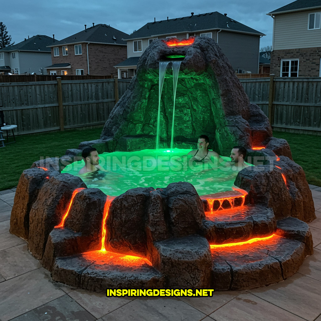 volcano-inspired hot tub in a green and orange color