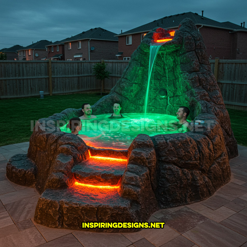 volcano-inspired hot tub in a dark green color