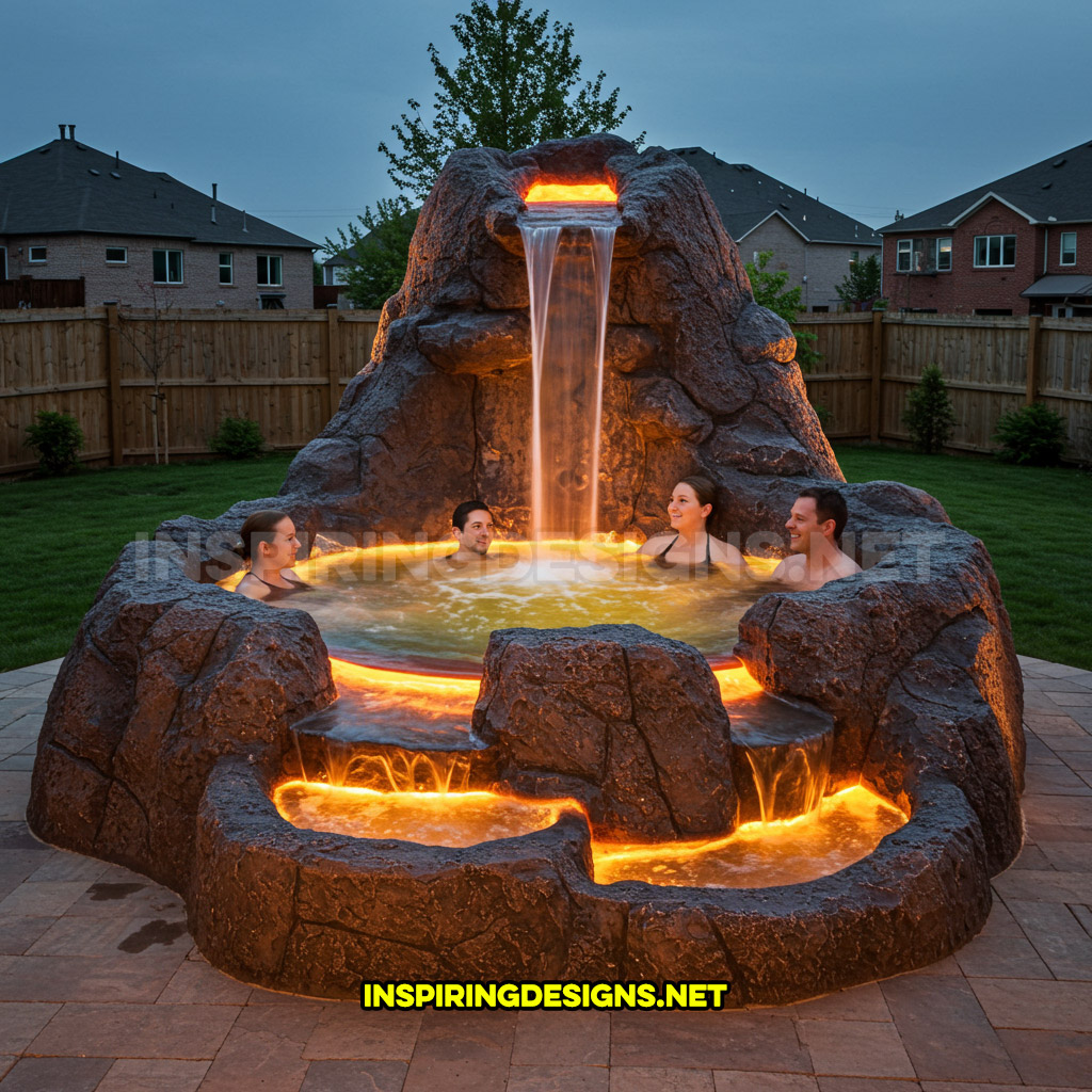 volcano-inspired hot tub in a yellow and orange color 