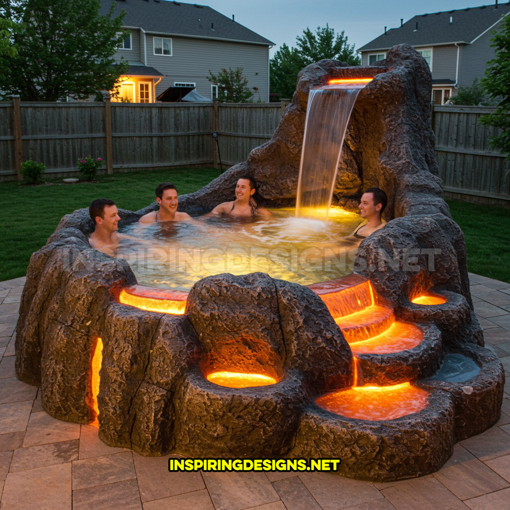 volcano-inspired hot tub in a yellow and orange color