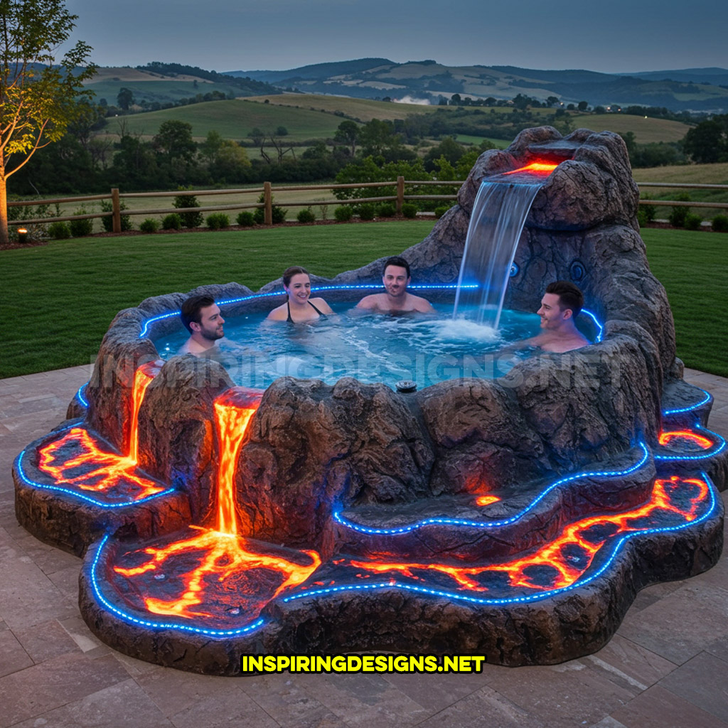 volcano-inspired hot tub in a light blue and orange color