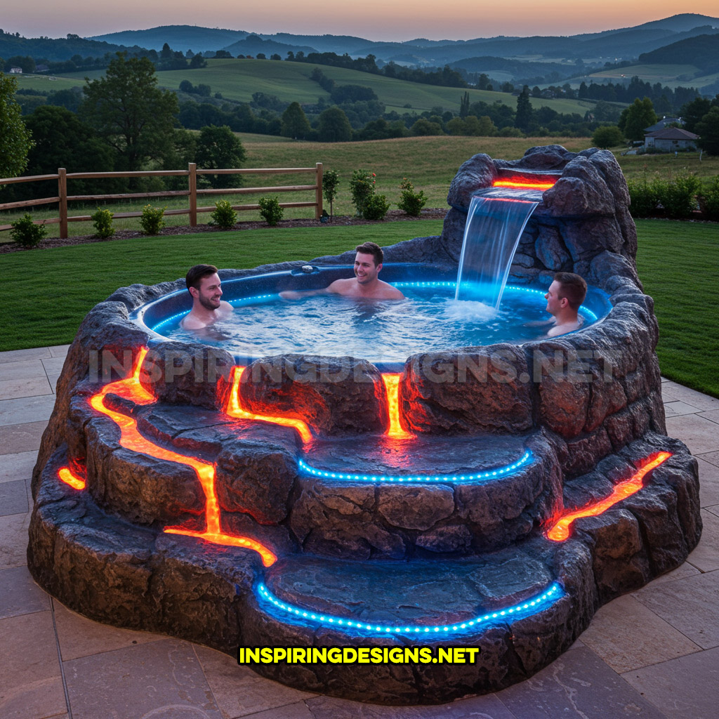 volcano-inspired hot tub in a blue and orange color