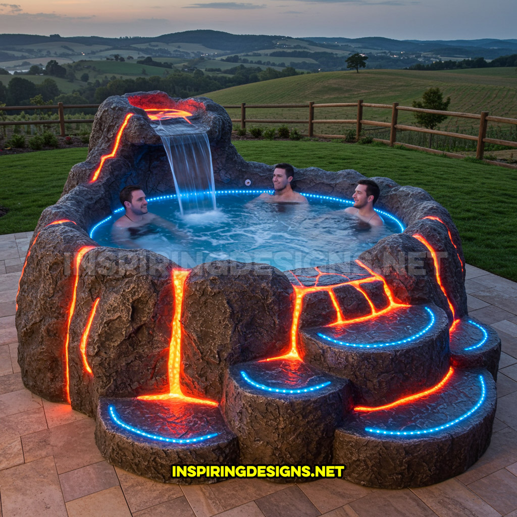 volcano-inspired hot tub in a blue and orange color