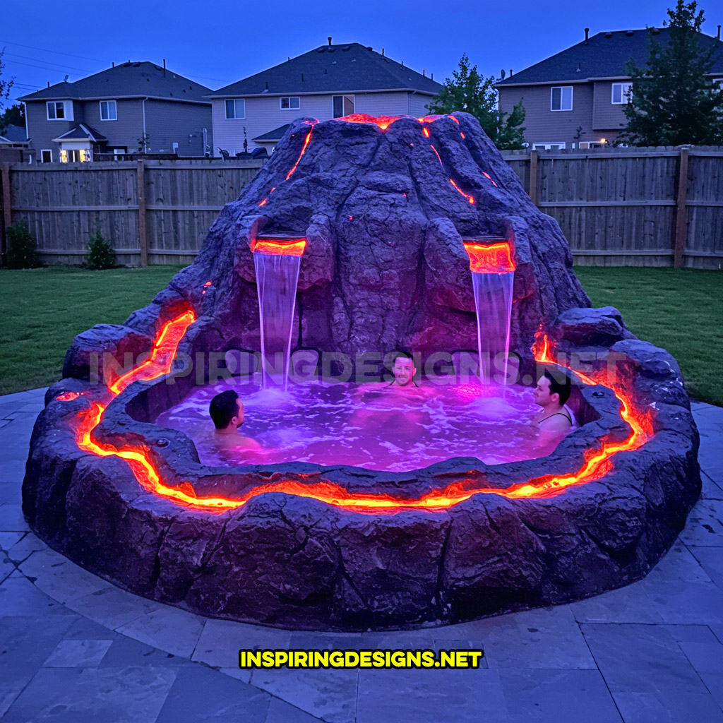 volcano-inspired hot tub in a pink and orange color