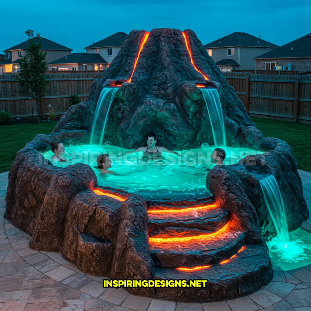 volcano-inspired hot tub in a lime green and orange color