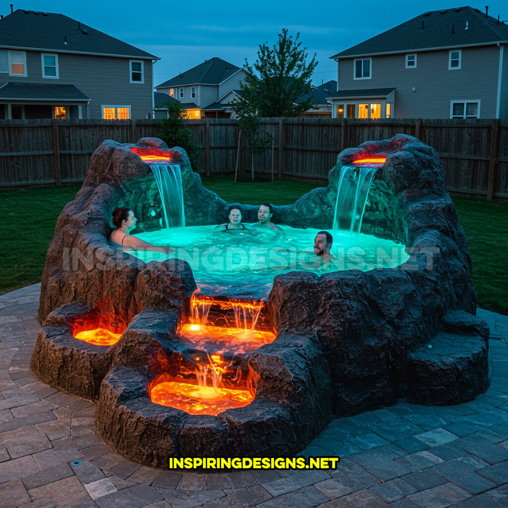 volcano-inspired hot tub in a turquoise and orange color