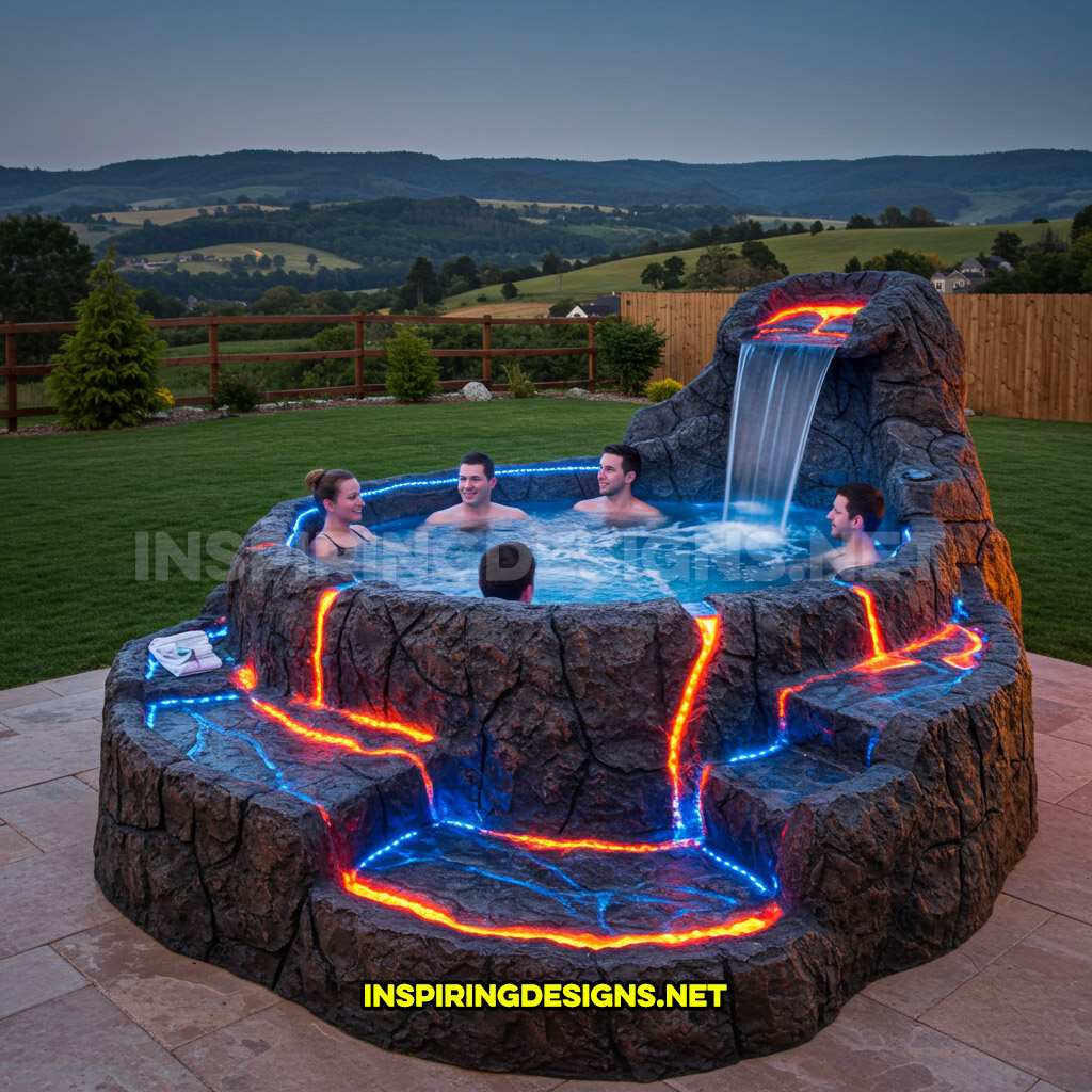 volcano-inspired hot tub in a blue and orange color