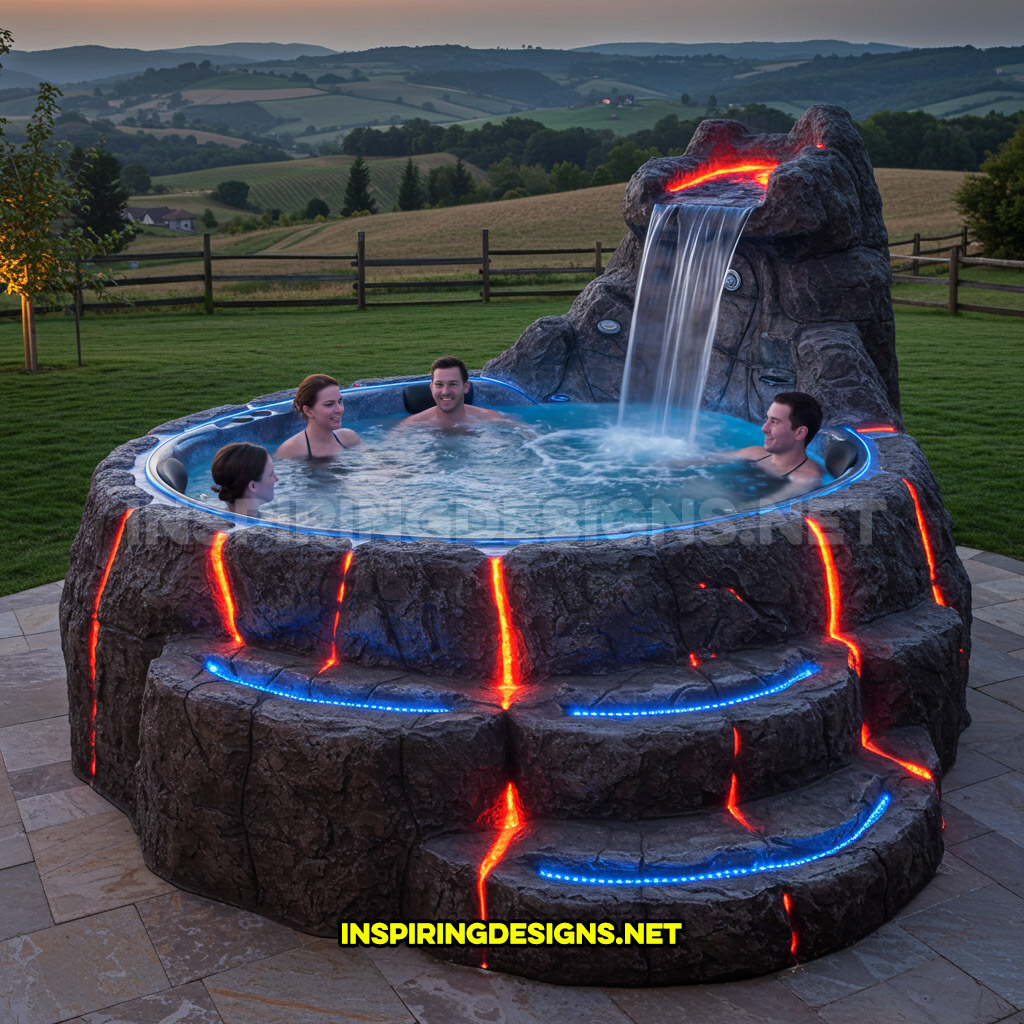 volcano-inspired hot tub in a blue and orange color