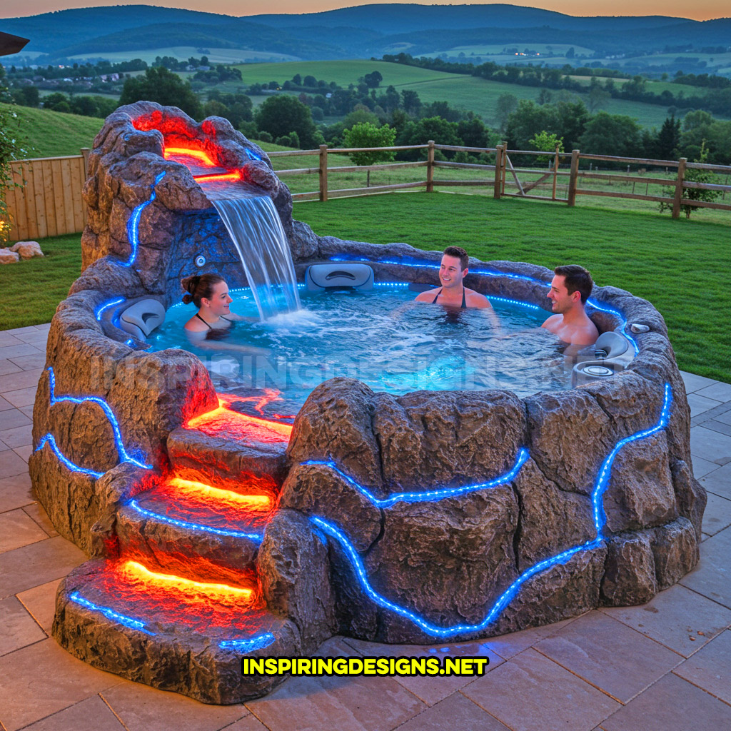 A volcano-inspired hot tub in a blue and orange color design