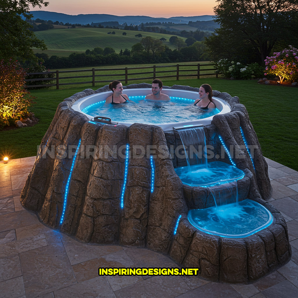 A volcano-inspired hot tub in a blue color design