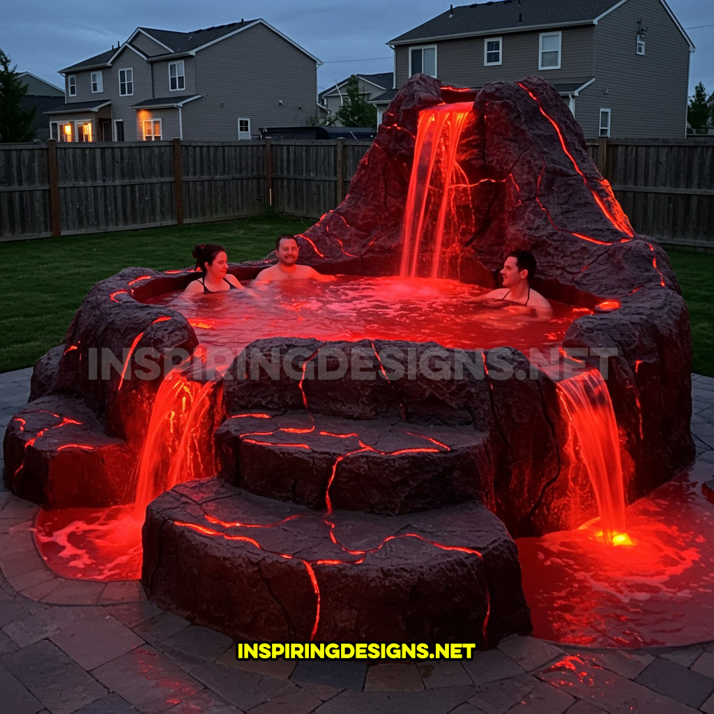 volcano-inspired hot tub in a red color