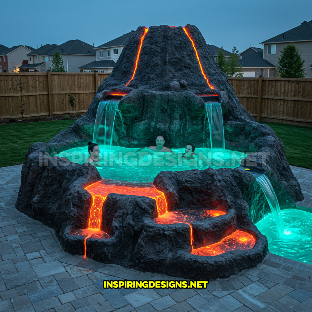 volcano-inspired hot tub in a turquoise and orange color