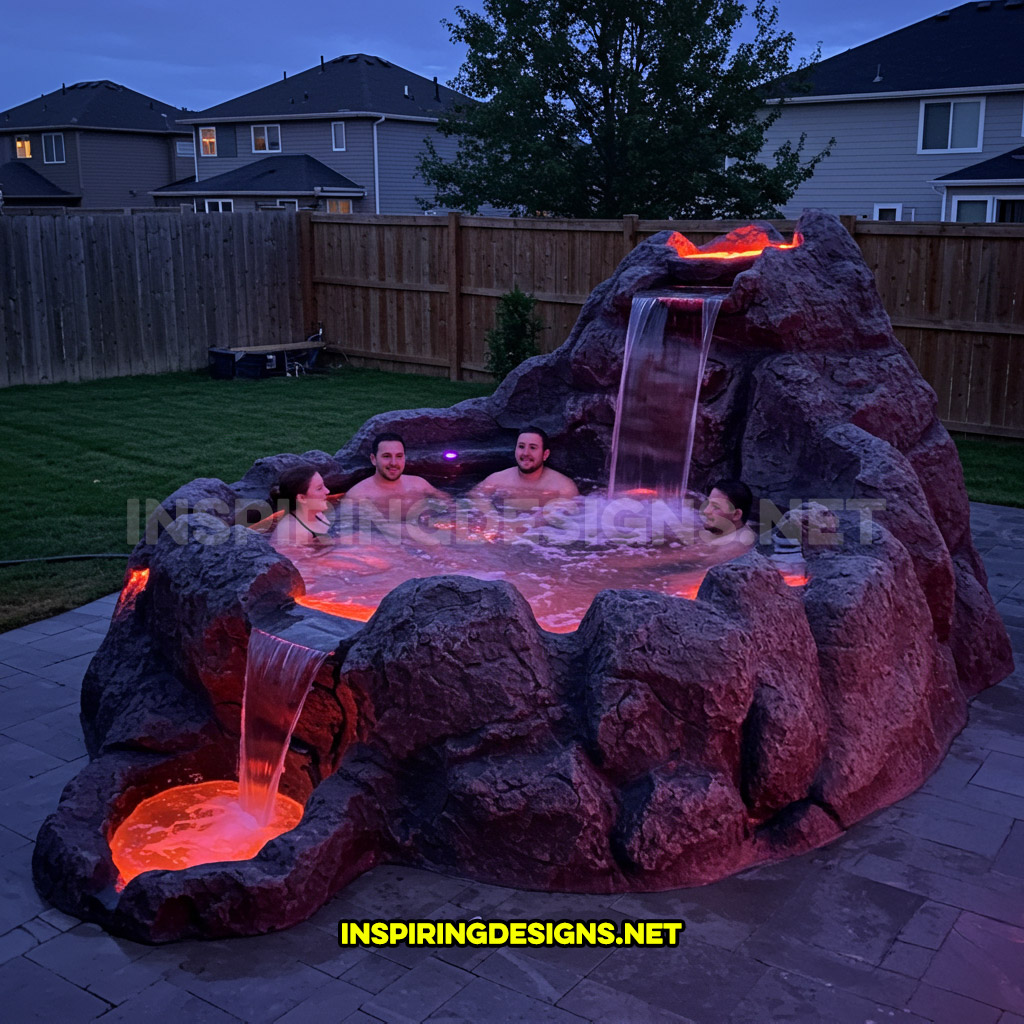 volcano-inspired hot tub in a light pink and orange color