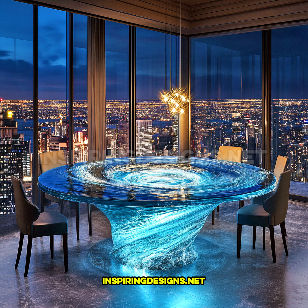 water vortex dining table in a circular design with illumination