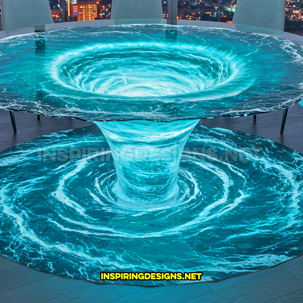 Closeup view of a water vortex dining table with a natural edge circular design