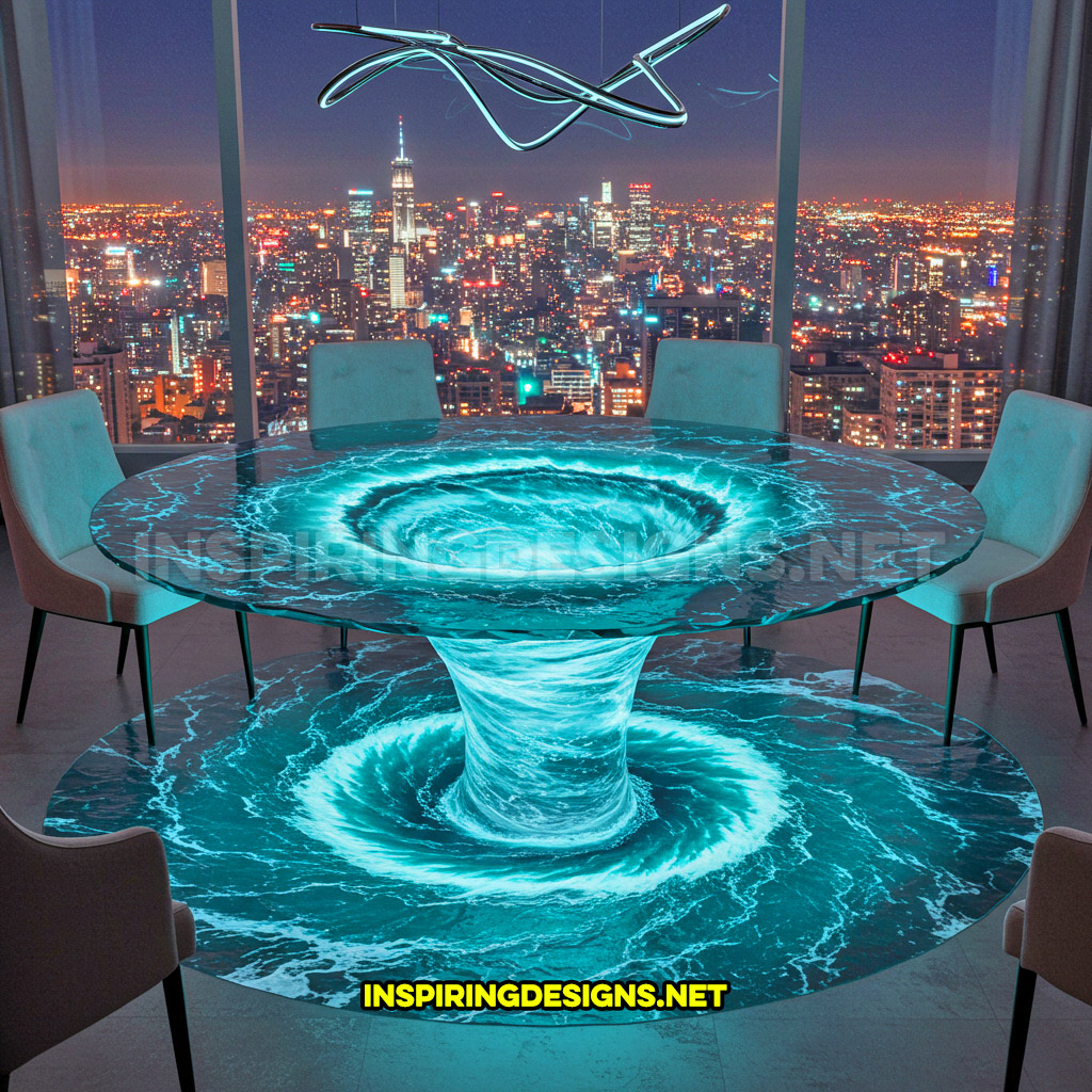 water vortex dining table in a circular design with a water rug