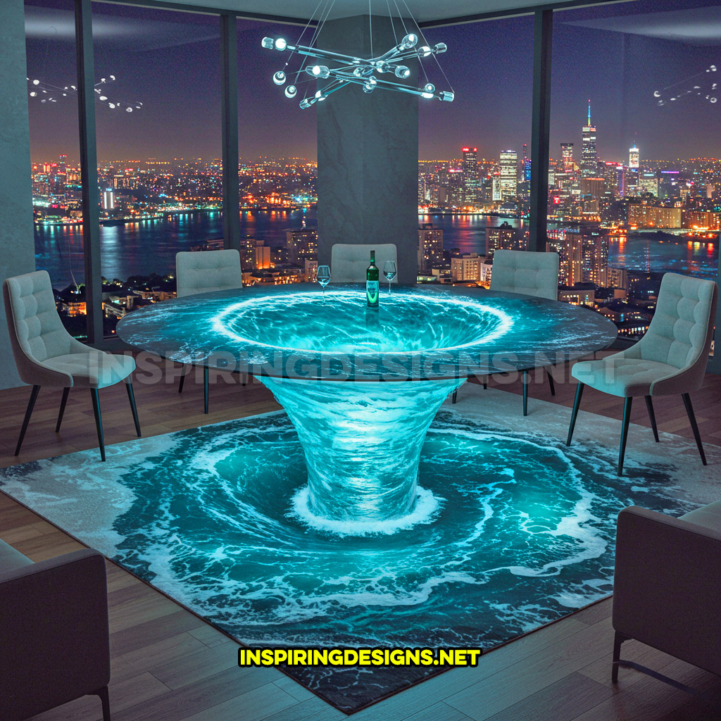 water vortex dining table in a circular design with a water rug and LED lighting