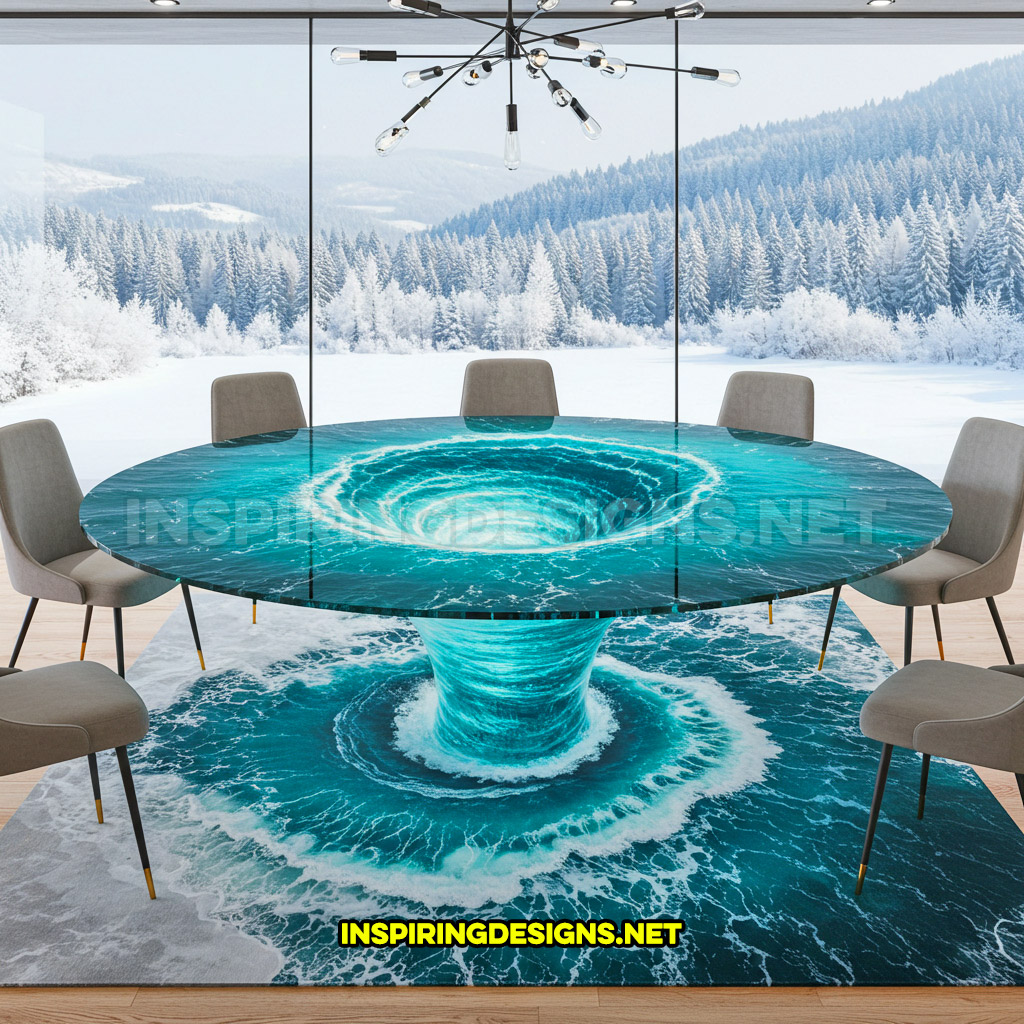 water vortex dining table in a circular design with a water rug