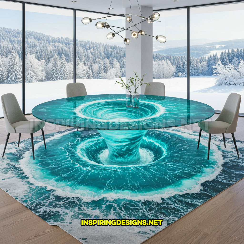 water vortex dining table in a circular design with a water rug