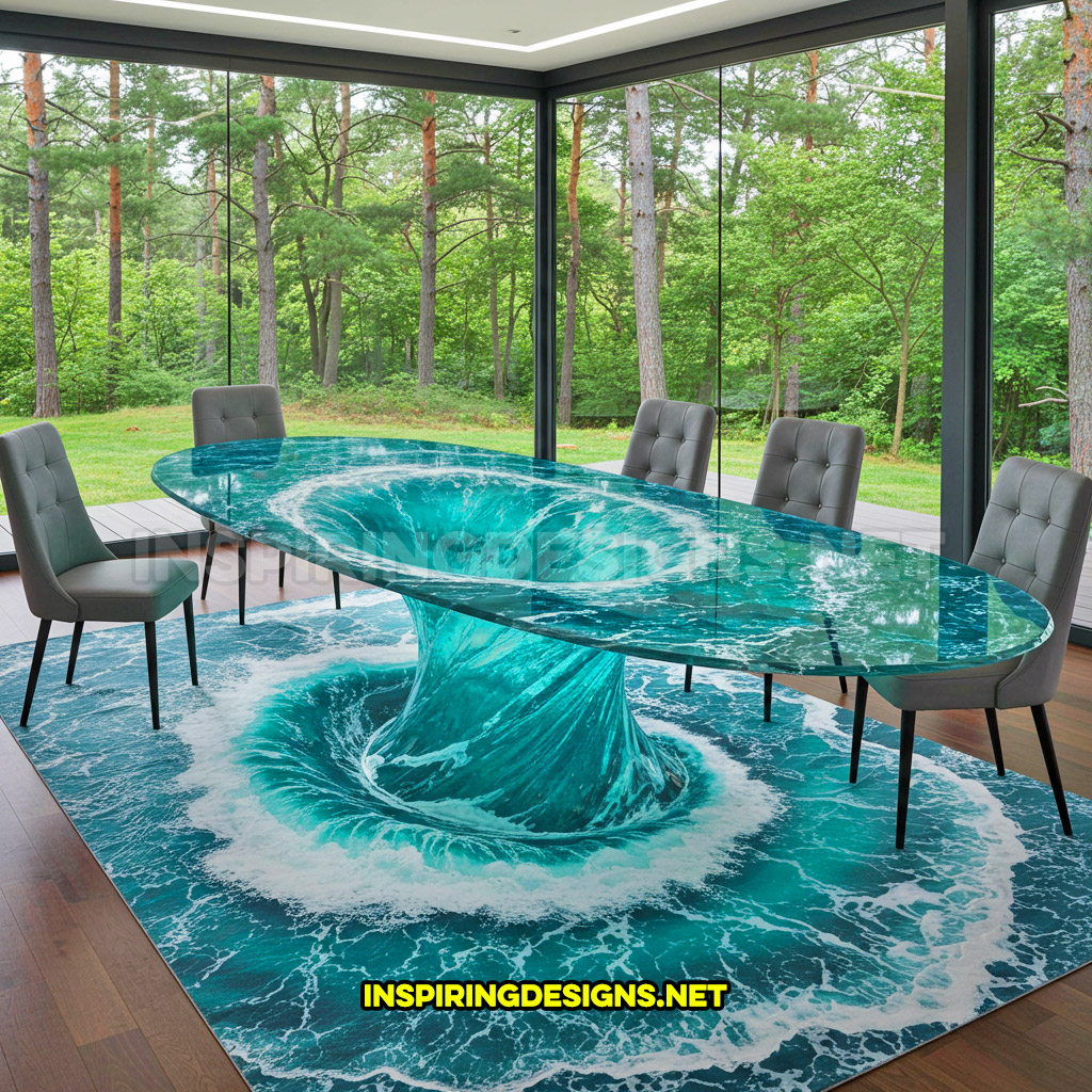 water vortex dining table in an oval design with a water rug