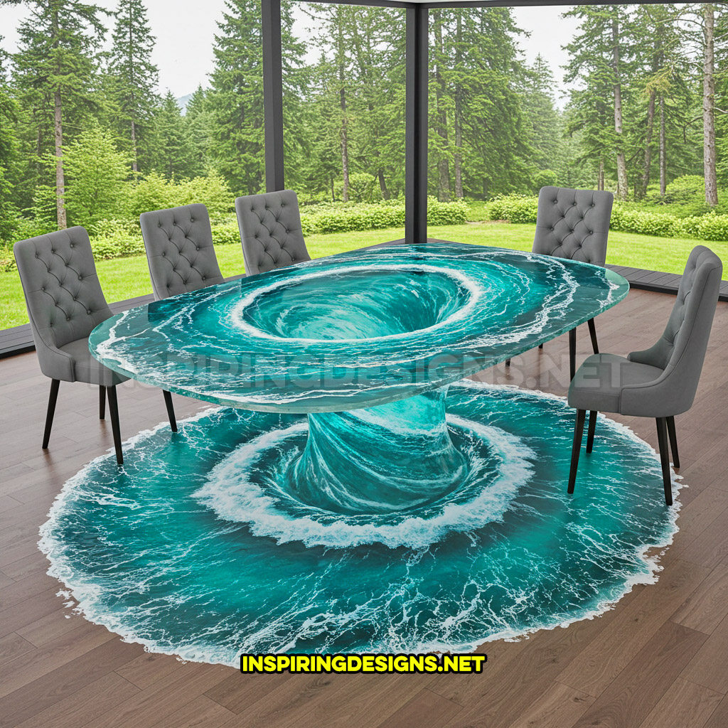 water vortex dining table in a rounded rectangle design with a water rug